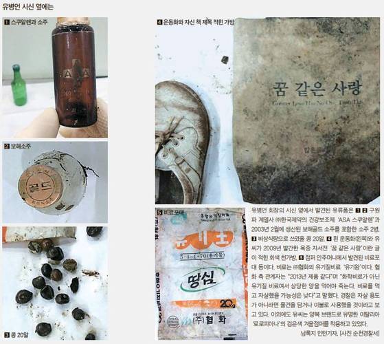 2014년 6월 유병언 전 세모그룹 회장 시신 옆에서 발견됐던 물품들. 사진 2014년 7월 23일자 중앙일보 지면