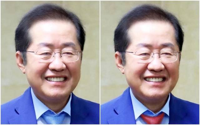 19일 넥타이 색상이 파란색(왼쪽 사진)에서 빨간색으로 교체된 홍준표 전 대구시장의 SNS프로필 사진. 홍 전 시장 페이스북 캡처