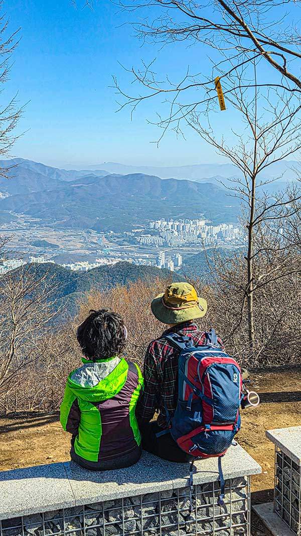 정상, 멀리 왼쪽 산자락이 치술령이다.