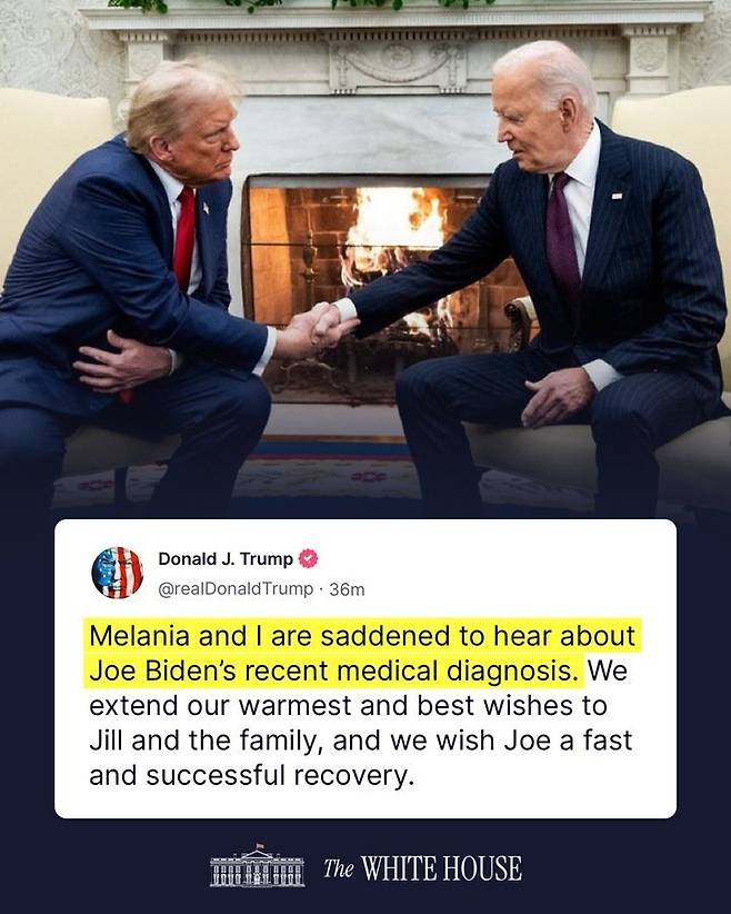 바이든 전 대통령 측이 18일(현지 시간) 그의 전립선암 투병 사실을 공개하자 오랫동안 바이든 측과 반목했던 도널드 트럼프 대통령도 “쾌유를 빈다”고 격려했다. 백악관 ‘X’