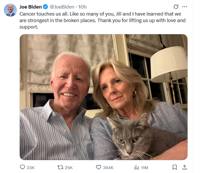 조 바이든(왼쪽) 전 미국 대통령이 19일 부인 질 여사와 함께 찍은 사진을 엑스(X)에 올렸다. 바이든 X 캡처