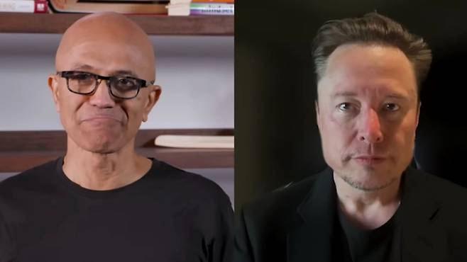 빌드 2025 사전 영상에 출연한 사티아 나델라 MS CEO와 일론 머스크 xAI 창립자 / 사진=마이크로소프트 유튜브