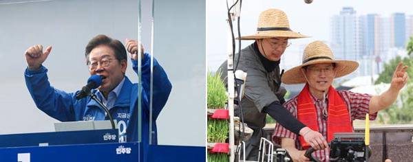 더불어민주당 이재명 대선 후보가 21일 인천 집중 유세에 나서 방탄 유리가 설치된 단상에 올라 발언하고 있다. 오른쪽 사진은 국민의힘 김문수 대선 후보가 이날 경기 고양시에서 열린 ‘고양시 청년농업인 모내기 및 새참간담회’ 행사에서 이양기를 운전하는 모습. 김정록 기자 연합뉴스