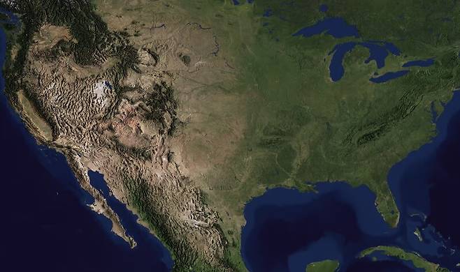 북미대륙 중서부의 지각판이 얇아지고 있다는 연구 결과가 나왔다. 미국항공우주국 제공