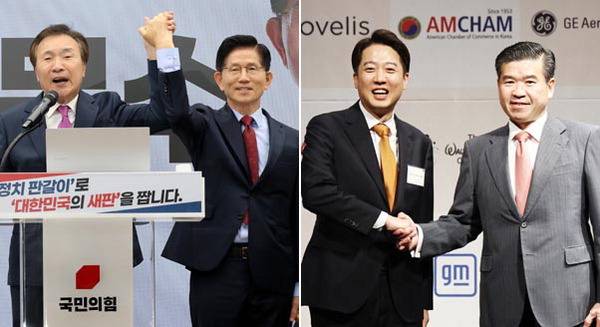 손학규 전 바른미래당 대표가 22일 국민의힘 중앙당사에서 김문수 대선 후보의 손을 잡고 지지 선언을 하고 있다. 오른쪽 사진은 개혁신당 이준석 대선 후보가 이날 서울의 한 호텔에서 열린 주한미국상공회의소(암참) 간담회에서 제임스 김 암참 회장과 인사하는 모습. 김정록 기자 연합뉴스