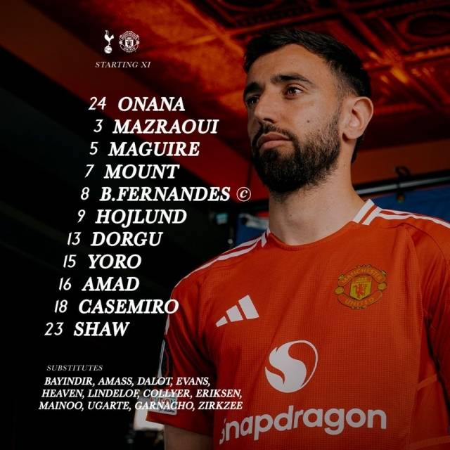 맨유는 골키퍼 오나나를 시작으로 쇼-매과이어-요로-도르구-페르난데스-카세미루-마즈라위-마운트-호일룬-디알로가 선발 출전한다. 사진=맨체스터 유나이티드 SNS