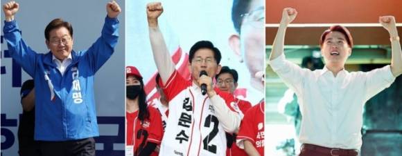 제21대 대통령 선거 공식 선거운동 첫날인 12일 이재명(왼쪽부터)·김문수·이준석 대선후보가 선거운동을 하고 있다. 연합뉴스