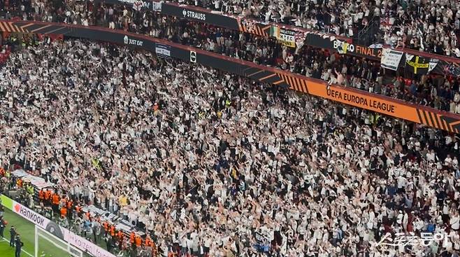 토트넘 팬들이 22일(한국시간) 스페인 빌바오 에스타디오 산마메스에서 열린 UEL 결승전에서 맨유를 꺾고 우승하자 승리의 세리머니를 선보이고 있다. 빌바오(스페인)|허유미 통신원