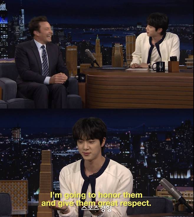방탄소년단 멤버 진의 NBC 인기 프로그램 ‘더 투나잇 쇼 스타링 지미 팰런’ 출연 모습. ‘더 투나잇 쇼’ X 공식 계정