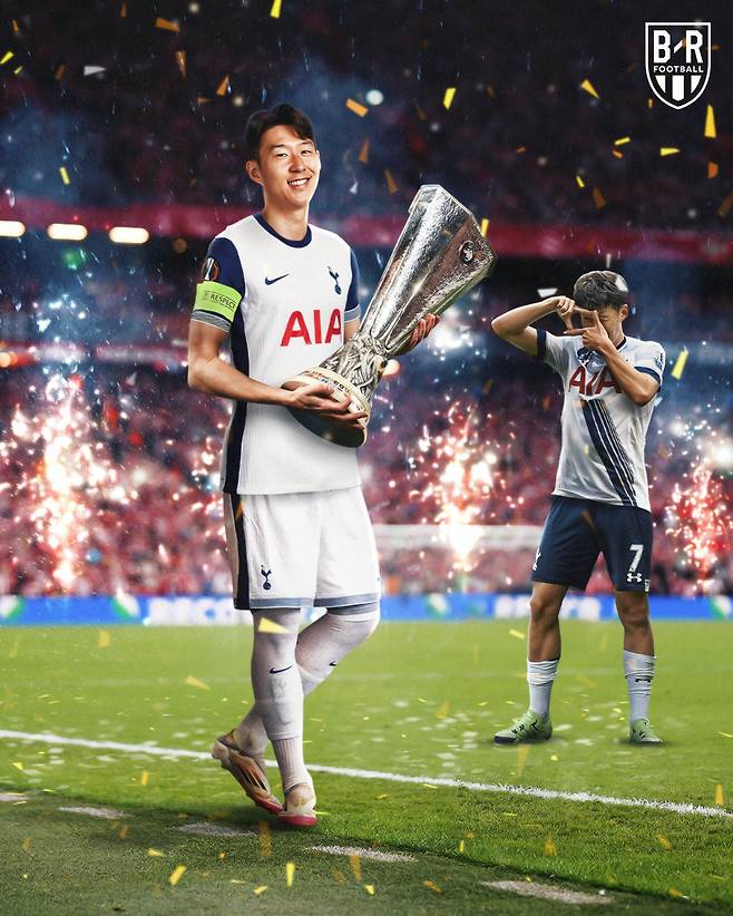 UEFA 유로파리그 우승 트로피를 든 손흥민(왼쪽)과 찰칵 세리머니를 하고 있는 손흥민의 옛 모습 합성 사진. /사진=B/R 풋볼