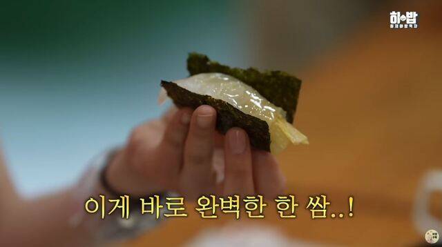 동백기름에 푹 찍은 회 한 점을 올려 완벽한 한 쌈을 만든 모습. 히밥 유튜브 영상 캡처