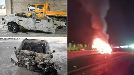지난 3월 29일 중국 안후이성 한 고속도로에서 샤오미 SU7 차량이 자율주행 중 가드레일을 들이받고 불타고 있다.(오른쪽 사진) 해당 차량이 전소된 모습(왼쪽 사진). 사진 오토에볼루션