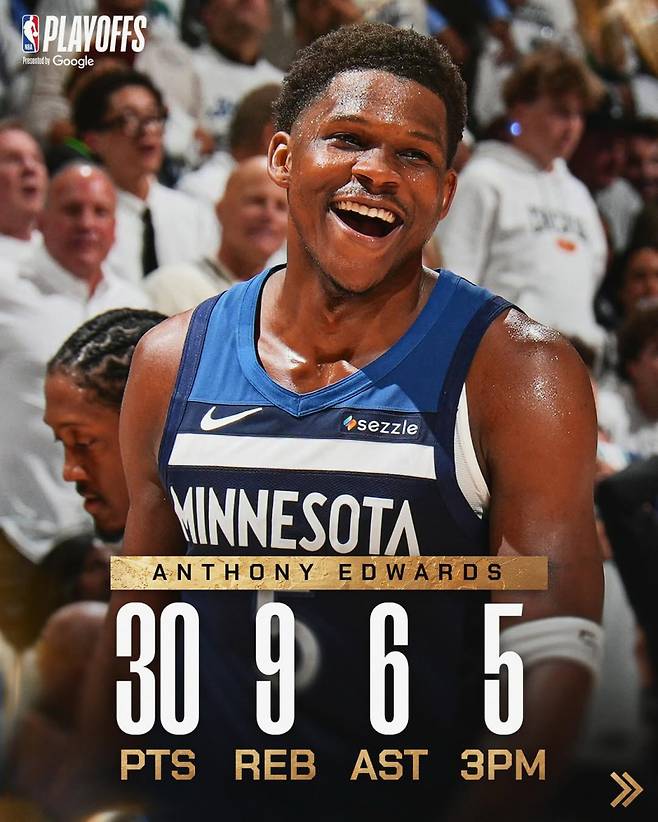 미네소타 에드워즈가 25일 오클라호마와의 2024~25 NBA 서부콘퍼런스 결승 3차전에서 30점 9리바운드 6어시스트 활약으로 팀의 143-101 대승을 이끌었다. 사진=NBA SNS