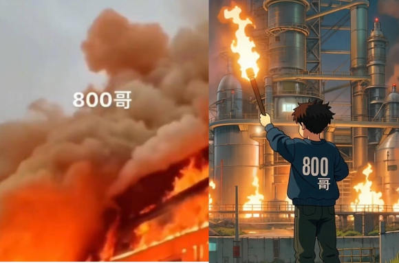 지난 20일 발생한 중국 쓰촨성 핑산현 방직공장 방화 사건과 관련해 방화범인 공장 직원의 임금 체불 문제를 거론한 인터넷 영상과 인공지능 생성 이미지. 엑스 캡처