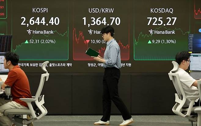 26일 서울 중구 하나은행 딜링룸 전광판에 코스피·코스닥지수, 원·달러 환율 종가가 표시돼 있다. ⓒ뉴시스
