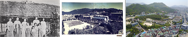 학교법인 동래학원 변천 ①최초의 초가삼간 일신여학교 ②1925년 이전 건립한 부산 복천동 교사 ③지금의 부산 부곡동 일원 학교법인 동래학원 전경. 동래학원 제공