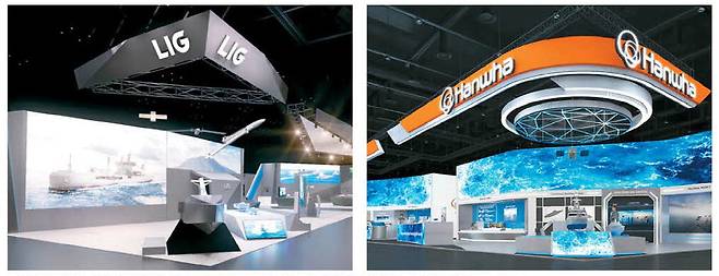 부산에서 열리는 마덱스에 참가하는 국내 방산업체 LIG넥스원·한화그룹 방산 3사 통합 전시부스 조감도.