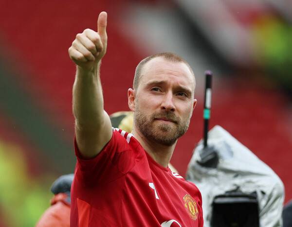 ▲ 크리스티안 에릭센은 애스턴 빌라전에서 페널티킥으로 골을 넣었다. 계약 만료로 맨체스터 유나이티드 유니폼을 입고 뛴 마지막 프리미어리그 경기가 됐다. ⓒ연합뉴스/REUTERS