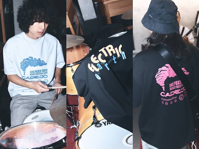 커스텀멜로우X까데호 협업 티셔츠를 입은 까데호 멤버들.(코오롱Fnc 제공)