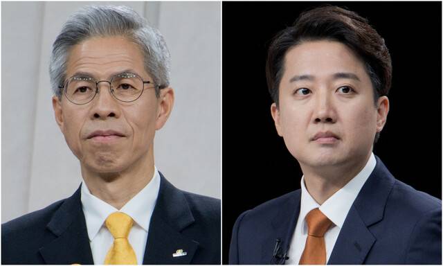 권영국 민주노동당 대통령 후보(왼쪽)와 이준석 개혁신당 대통령 후보가 27일 저녁 서울 상암동 문화방송(MBC)에서 열린 대통령 후보자 초청 3차 토론회 시작에 앞서 준비를 하고 있다. 국회사진기자단