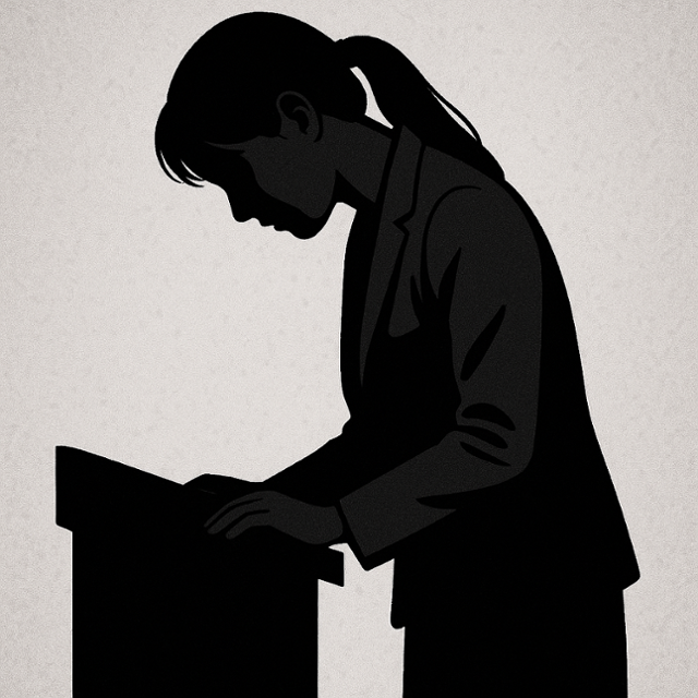 교탁 앞에서 고개를 숙이고 있는 교사의 모습을 그린 일러스트. 챗GPT