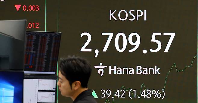 29일 코스피가 9개월 만에 장중 2700선을 돌파한 가운데 서울 중구 하나은행 딜링룸에서 딜러들이 업무를 하고 있다.