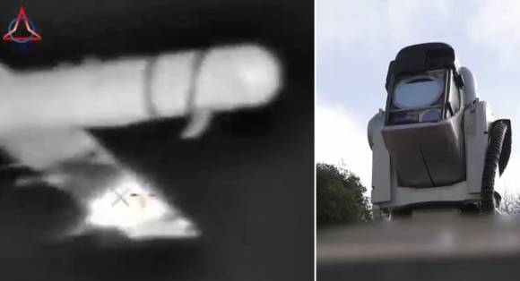 이스라엘의 차세대 레이저 방공시스템 ‘아이언빔’의 저출력 버전(오른쪽)이 헤즈볼라의 무인항공기(드론)를 격추하고 있다. 출처=이스라엘 국방부