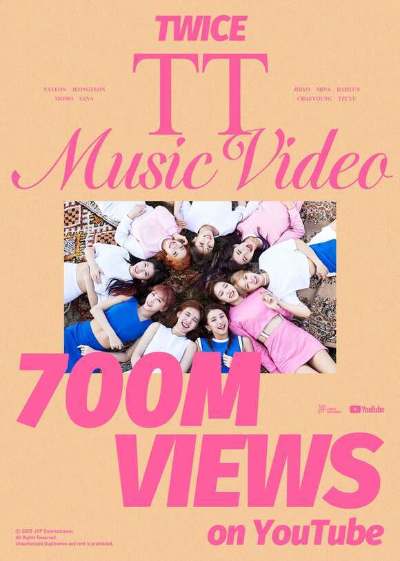 그룹 트와이스의 미니 3집 타이틀곡 'TT' 뮤직비디오가 지난 29일 오후 2시 45분경 유튜브 조회수 7억 회를 기록했다. /JYP엔터테인먼트