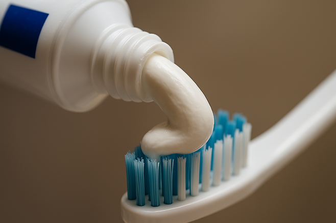 치약을 칫솔 위에 짜고 있는 모습