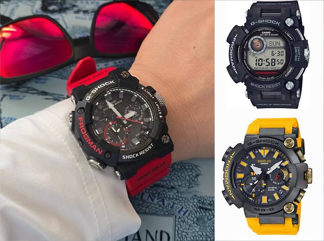 지샥 프로그맨 시리즈에서 최초로 시계 바늘을 도입했던 'GWF-A1000'(좌측)과 전통적인 프로그맨 디자인인 'GWF-1000'(우측 상단). 그리고 지샥 답지 않게 너무나 고가인 MRG-BF1000R 모델.