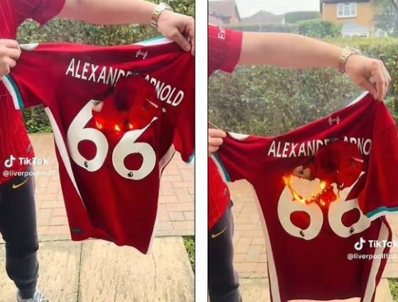 불에 타고 있는 트렌트 알렉산더 아놀드의 유니폼. /사진=영국 데일리 메일 갈무리