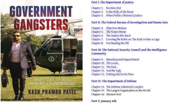 캐시 파텔 현 미국 FBI 국장이 2023년에 쓴 책 표지(사진 왼쪽)와 책의 목차/Amazon