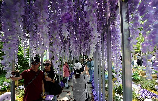 ‘메타몽 가든’ 등나무 길에서 관람객이 조화로 만든 꽃을 배경으로 ‘인생사진’을 남기고 있다. 132마리의 포켓몬스터 메타몽이 전시된 정원은 6월22일까지 운영된다.