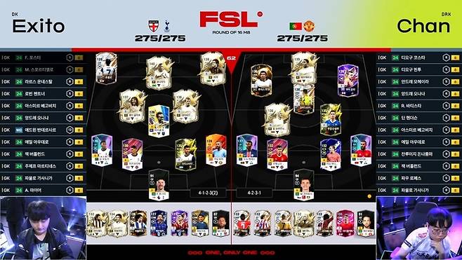 FSL 8강 ‘엑시토’ 윤형석과 ‘찬’ 박찬화 경기. 두 명 다 급여 5짜리 골키퍼를 쓰고 있는 걸 볼 수 있다. 사진 | FC온라인 e스포츠 유튜브