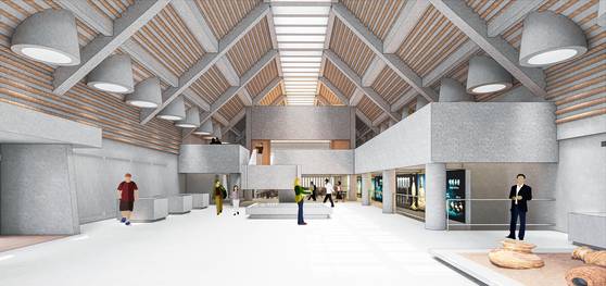 한국 현대건축 1세대 건축가 김수근이 설계한 ‘구(舊) 부여박물관’이 (주)공간종합건축사사무소와 (주)한창건축사사무소의 설계안으로 새 단장(리모델링)된다. 사진은 한국전통문화대가 2일 발표한 당선작의 내부 투시도(위). 사진 국가유산청