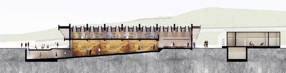 한국 현대건축 1세대 건축가 김수근이 설계한 ‘구(舊) 부여박물관’이 (주)공간종합건축사사무소와 (주)한창건축사사무소의 설계안으로 새 단장(리모델링)된다. 사진은 한국전통문화대가 2일 발표한 당선작의 횡단면도(아래). 사진 국가유산청