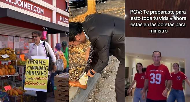 멕시코 법관 선거에 출마한 대법관 후보 카를로스 엔리케 오드리오솔라 마리스칼(왼쪽부터)과 케레타로주 지방법원 판사 후보 아르투로 아마로, 대법관 후보 아브라함 다빌라 로드리게스. 각 후보 소셜미디어 갈무리