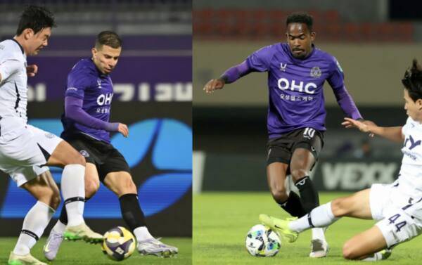 여름 이적설이 나오고 있는 FC안양의 ‘브라질 듀오’ 마테우스(왼쪽)와 야고.FC안양 제공