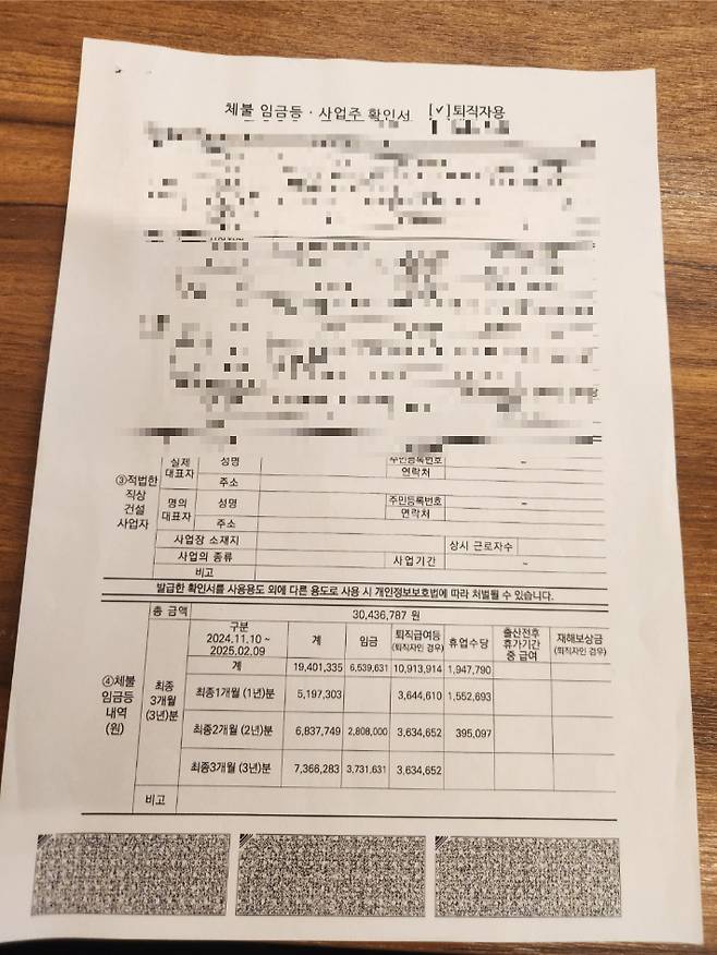 케이원노동자들은 개별적으로 변호사를 고용하거나 노동부에 진정을 넣는 방식으로 자신의 권리를 주장하고 있다. 사진은 A(43)씨가 간이대지급금을 받기 위해 고용노동부에 제출한 체불임금확인서