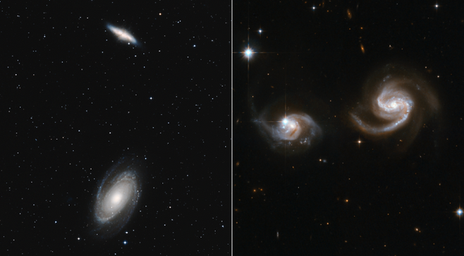 우리은하와 안드로메다은하가 이동하면서 정면으로 충돌하지 않는 시나리오를 묘사한 모습. 왼쪽은 100만광년 떨어진 채로 지나가는 상황이고 50만광년 떨어져 지나가는 오른쪽 상황에서는 두 은하의 암흑물질이 부딪쳐 마찰을 일으킨다. NASA, ESA 제공