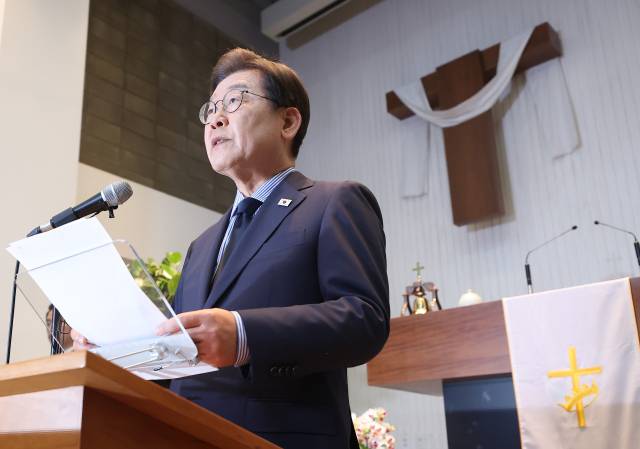 ▲더불어민주당 이재명 대선 후보가 2일 경기 성남시 수정구 성남주민교회에서 기자회견을 하고 있다. ⓒ연합뉴스