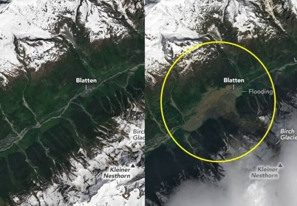 지난해 6월 19일과 지난달 29일 랜드샛 9호 위성으로 촬영한 산사태 지역 비교 사진. NASA 제공