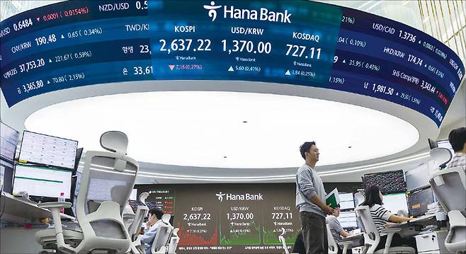 올 들어 글로벌 증시 변동성이 확대됐다. 변동성 장세에서 리스크를 분산할 수 있으면서도 낮은 총보수로 비용을 아낄 수 있는 ‘초저수수료’ ETF가 투자자 눈길을 끈다. 사진은 지난 5월 27일 오후 서울 중구 하나은행 딜링룸 전광판에 코스피와 코스닥지수, 원·달러 환율 거래가가 표시돼 있다. (연합뉴스)