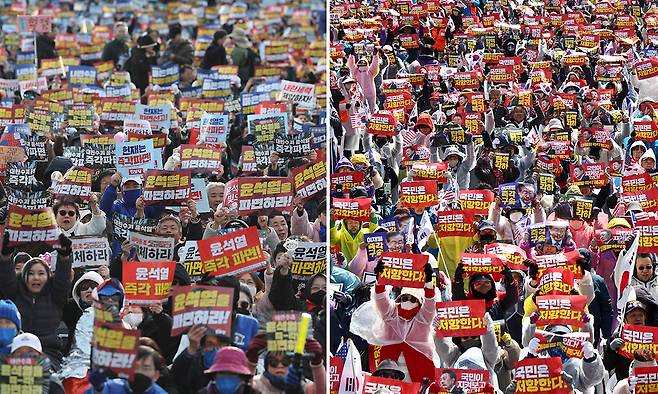 지난 3월 29일 서울 종로구 광화문 일대에서 열린 윤석열 전 대통령 찬반 집회 모습. 왼쪽은 윤석열 즉각 퇴진 사회대개혁 17차 범시민대행진, 오른쪽은 자유통일당 탄핵 반대 집회. 연합뉴스