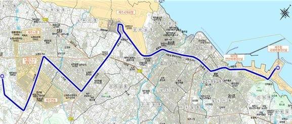 제주도가 우선추진하는 수소트램 노선도. 제주항, 동문시장, 제주공항, 연동사거리, 노형오거리, 1100로를 연결하는 12.91㎞ 구간으로 총사업비는 약 5293억원이다. 제주도 제공