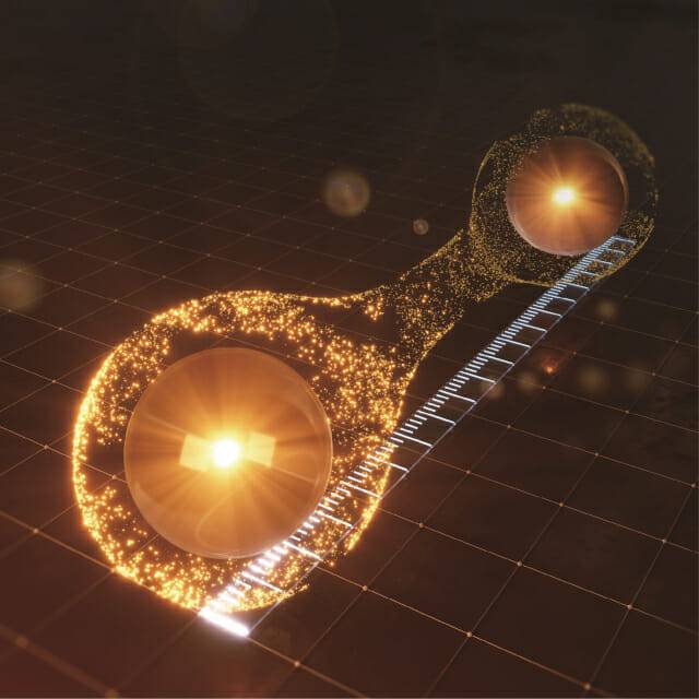 양자거리 측정 개념도. 두 개의 노란 공은 전자를 나타내며, 그 아래 흰색 눈금은 거리를 측정한다는 의미로 ‘자’를 표현한 것이다. 전자 간의 유사성을 의미하는 양자 거리는 실제 거리와 약간 다른 개념이지만 ‘양자거리 측정’을 직관적으로 표현하기 위한 그림이다.(그래픽=연세대)