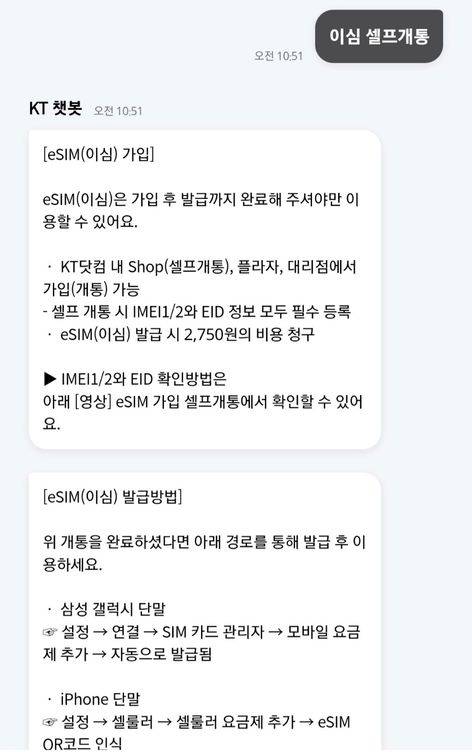 eSIM(이심) 셀프개통 안내 중인 KT 챗봇 대화 화면.KT ‘마이케이티’ 앱 캡처