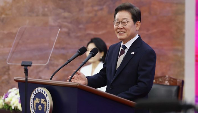 이재명 제21대 대통령이 4일 오전 서울 여의도 국회 로텐더 홀에서 열린 취임식에서 취임사를 하고 있다. ⓒ뉴시스