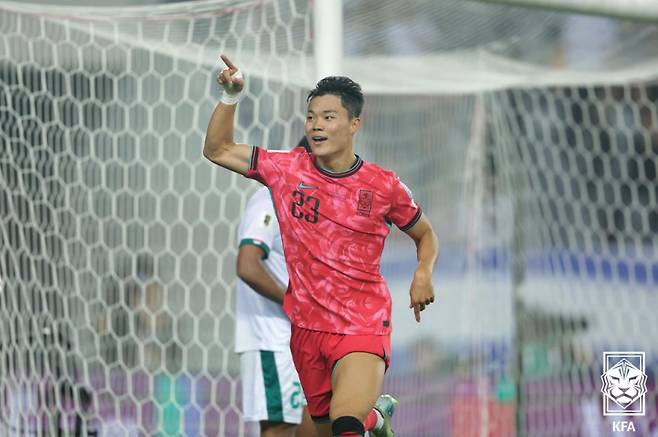 사진은 지난해 10월 이라크와의 2026 FIFA 북중미 월드컵 3차 예선 B조 4차전서 득점을 터뜨린 뒤 환호하는 오현규. 사진=대한축구협회