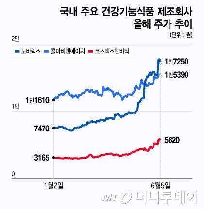국내 주요 건강기능식품 제조회사 올해 주가 추이/그래픽=윤선정